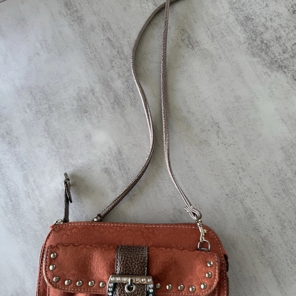Kathy Van Zeeland Red Jacquard Studded Crossbody Bag Buckle Accent Purse